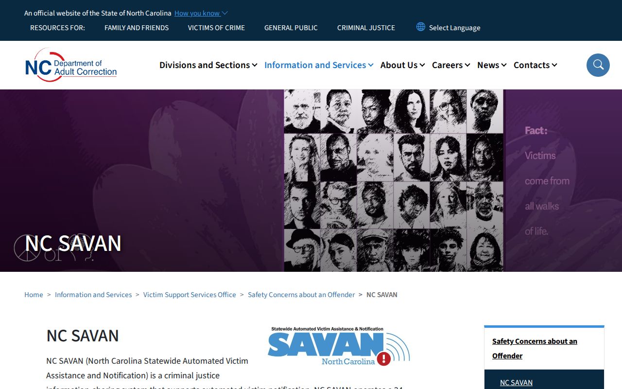 North Carolina SAVAN official service and hotline information