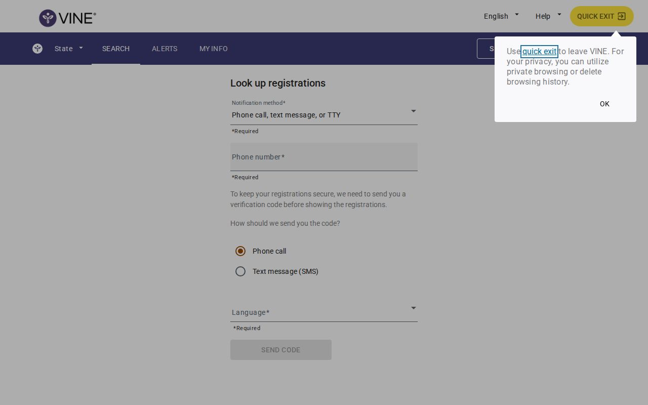 VINELink custody notification registration screen