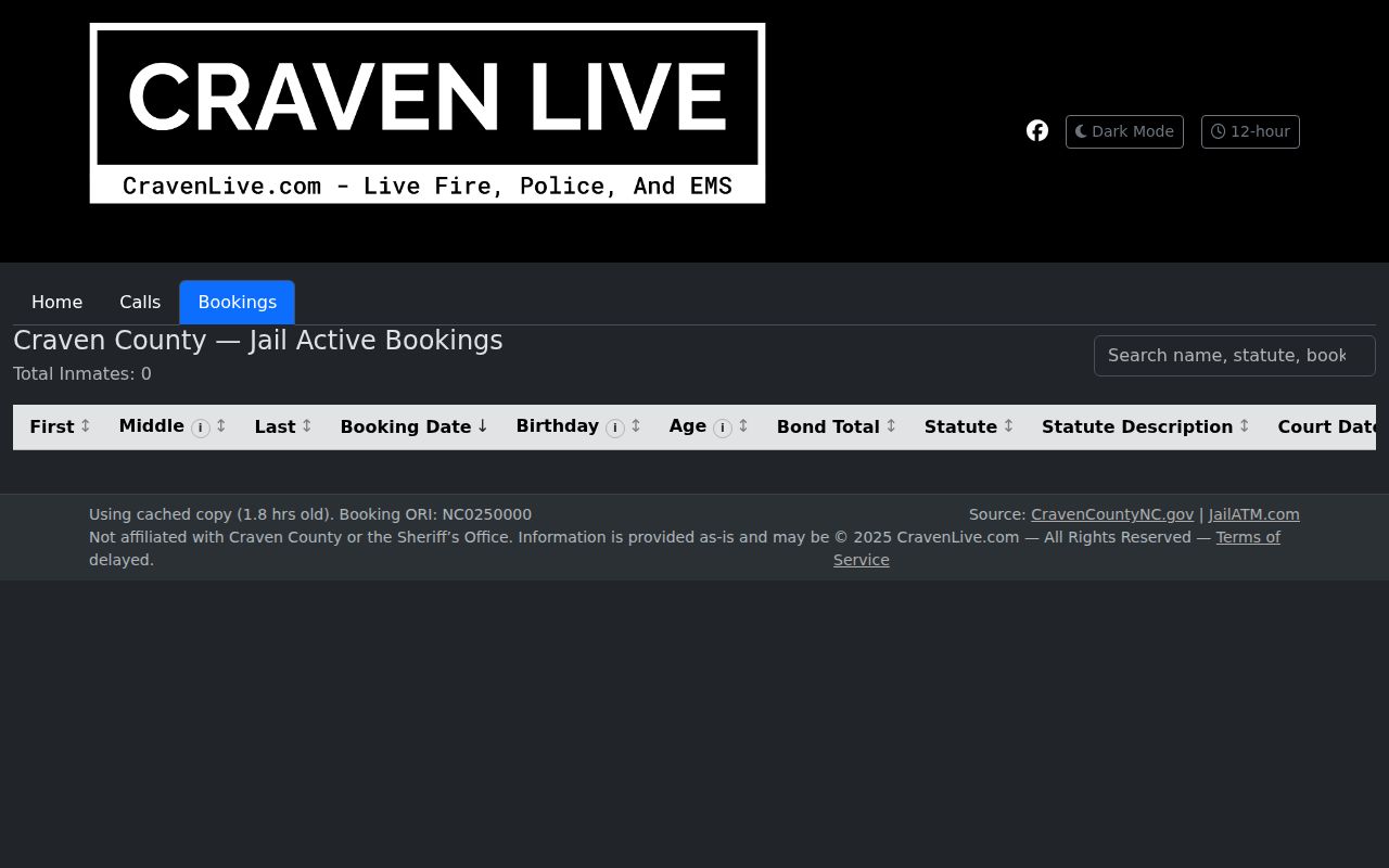 CravenLive cached active-bookings search interface