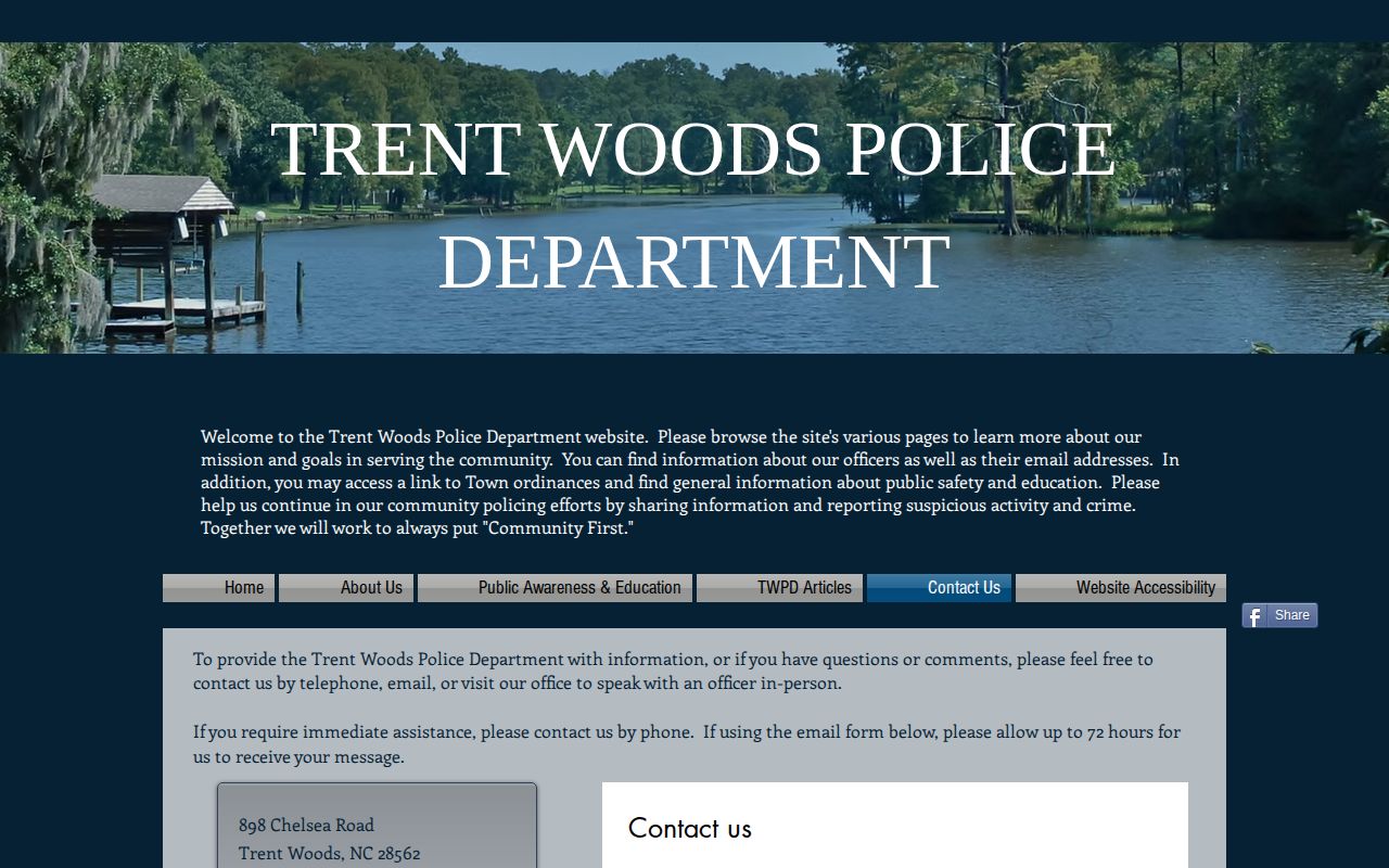 Trent Woods Police contact page with address and telephone