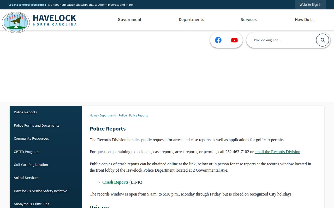 Havelock Police Reports page with Records Division request information